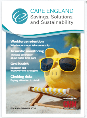 Front Cover of Care England Savings Solutions and Sustainability Magazine with articles including checking risks